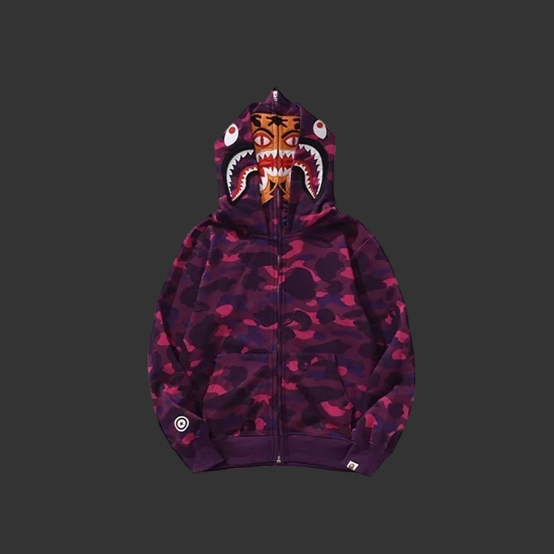 Color Camo Shark Full Zip Hoodie Purple DOUBLE HOODED