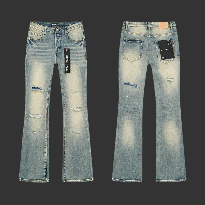 Purple Light Indigo with Classic Knee Rips Flared Jeans