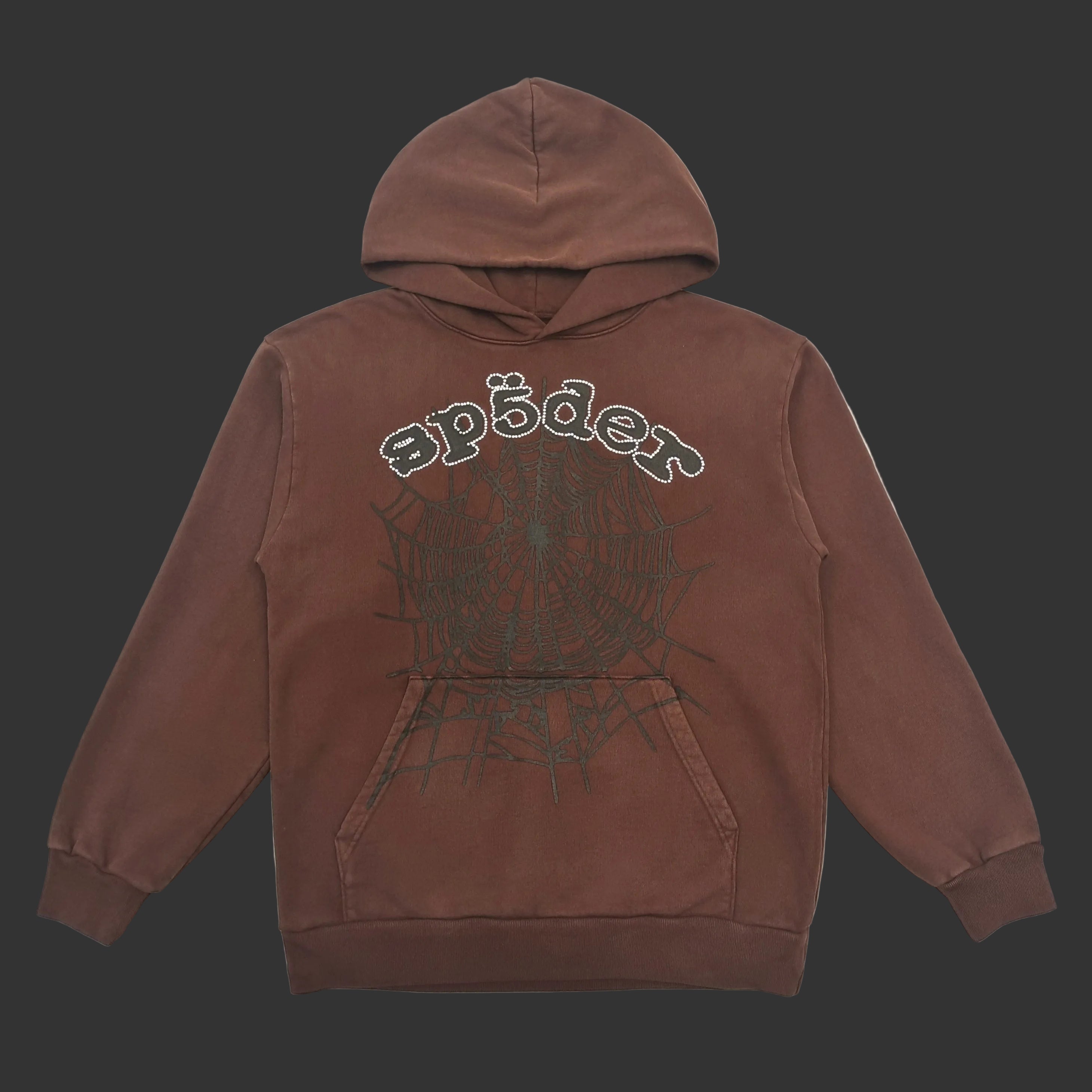 Sp5der Rhinestone Brown Web Hoodie