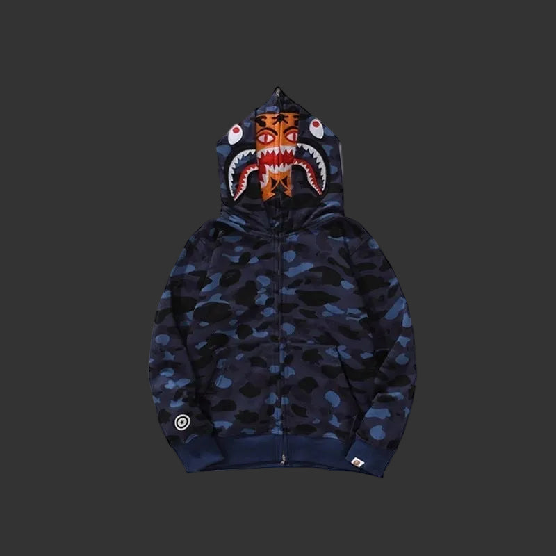 Color Camo Shark Full Zip Hoodie Blue DOUBLE HOODED