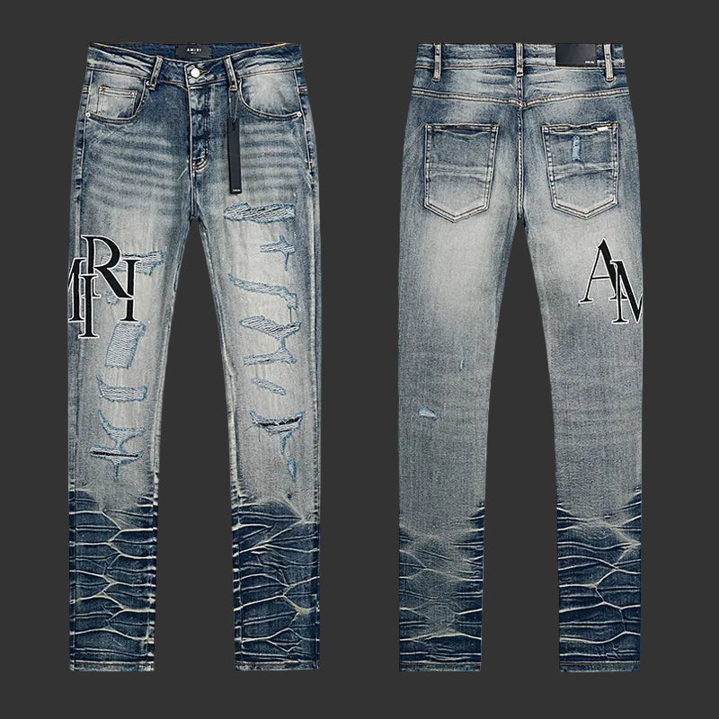 Amiri Distressed Logo Skinny Jeans (Light Blue)