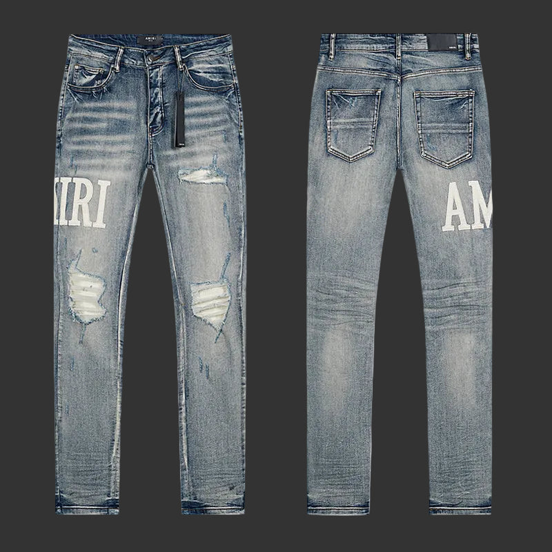 Amiri Crystal Embellished Distressed Skinny Jeans (Blue)