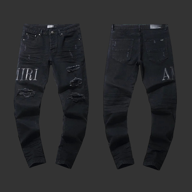 Amiri Silver Logo Distressed Jeans (Black)
