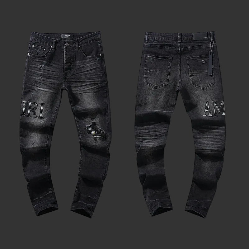 Amiri Crystal-Embellished Logo Skinny Jeans (Black)