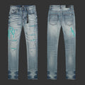Amiri Distressed Logo Skinny Jeans (Blue/Green)