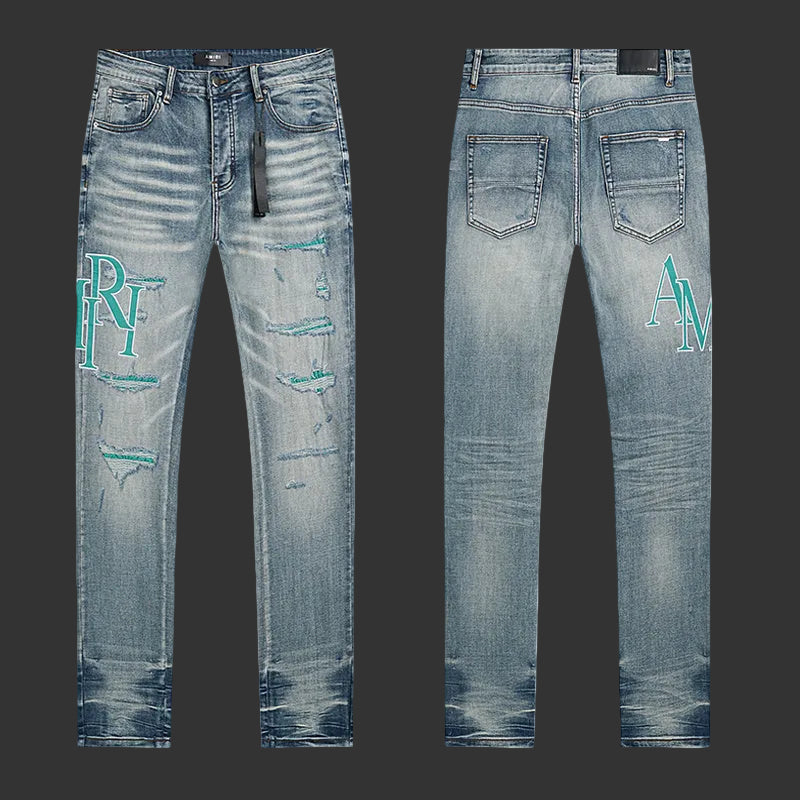 Amiri Distressed Logo Skinny Jeans (Blue/Green)
