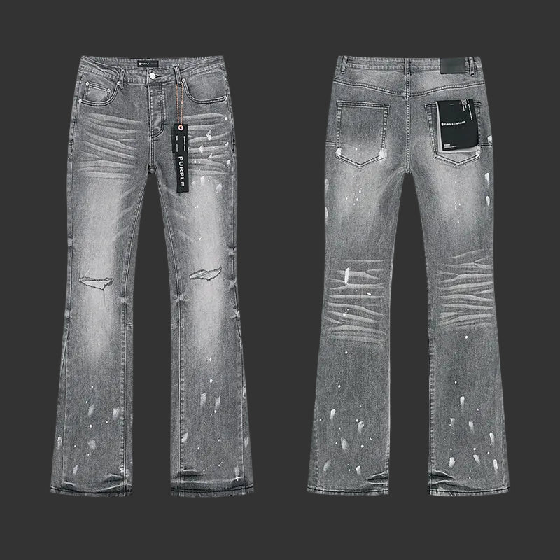 Purple Medium Grey with White Paint Splatter + Large Knee Repair Flared Jeans
