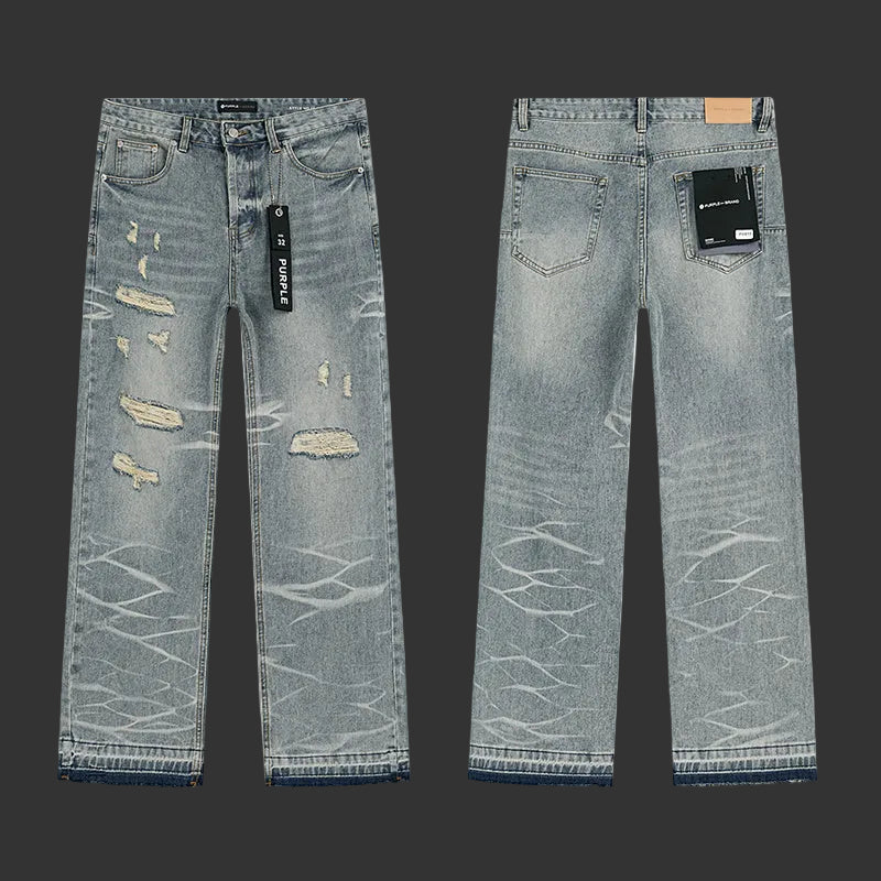 Purple Light Blue with heavy whisker & frayed distressing Jeans