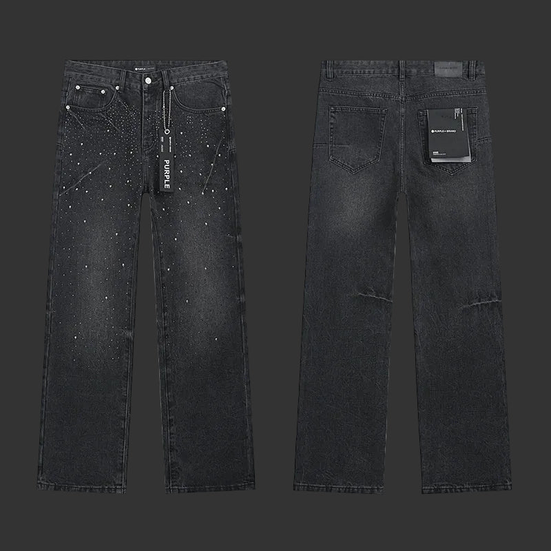 Purple Black Rhinestone Bead Splatter Jeans