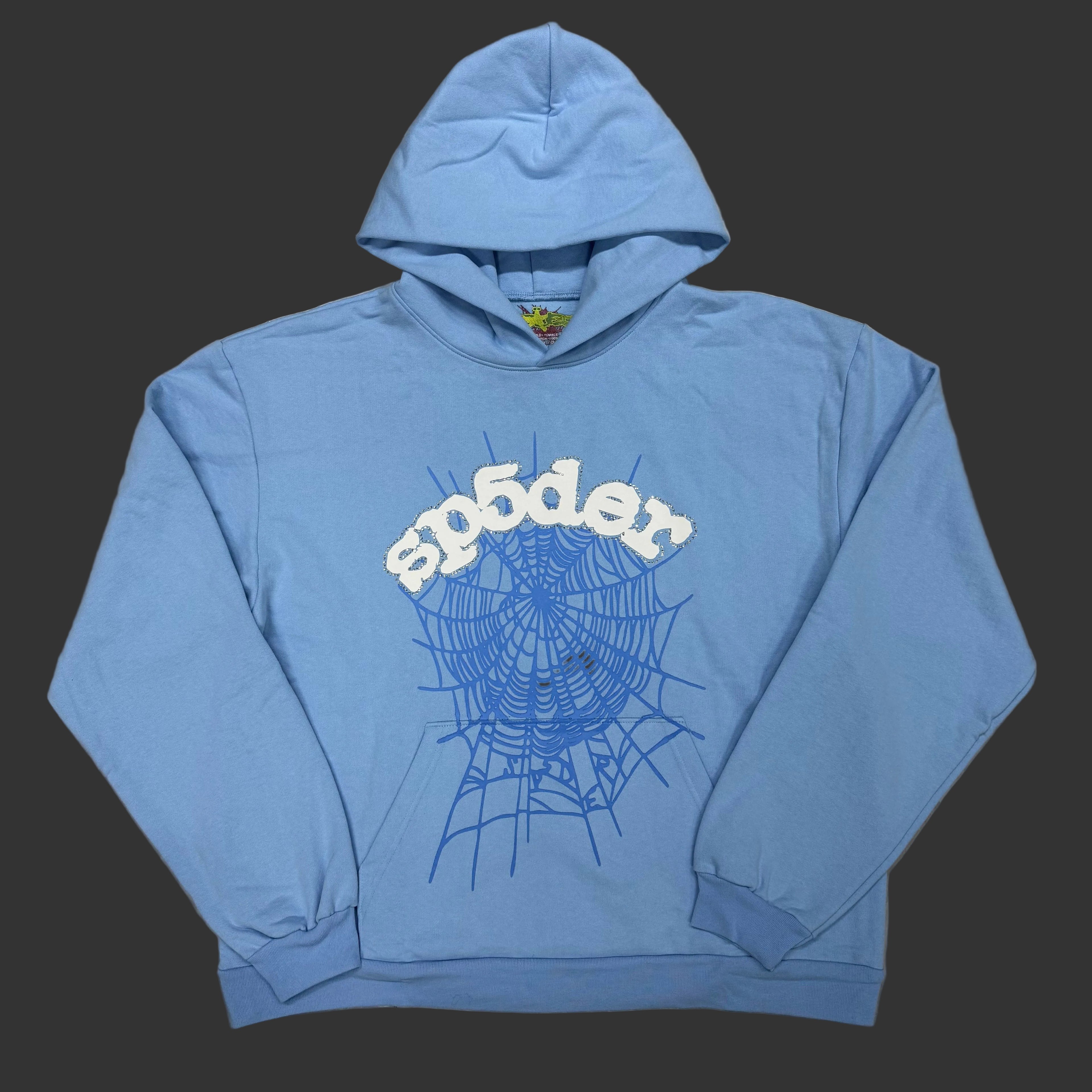 Sp5der Sky Blue Rhinestone Web Hoodie