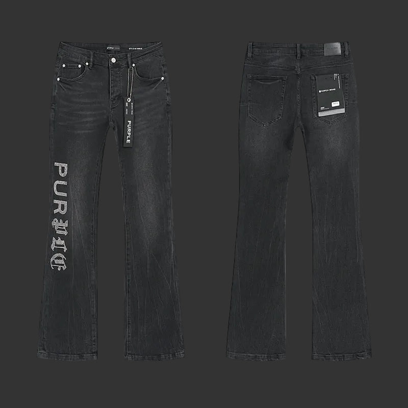 Purple Black with vertical "PURPLE" rhinestone Flared Jeans