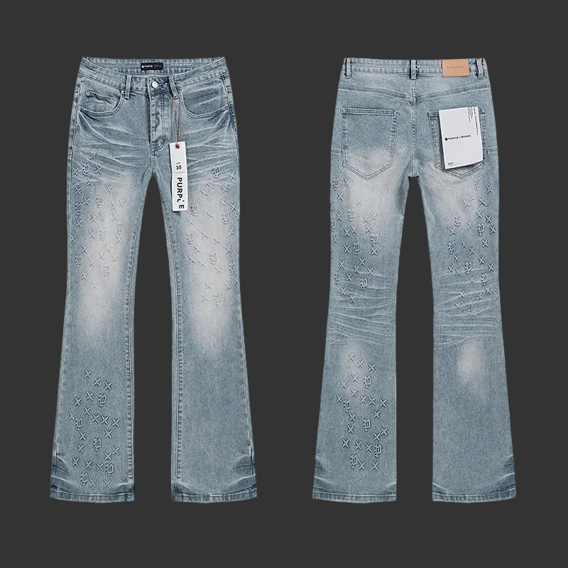 Purple Light Indigo with All-Over "X" Cross Stitch Embroidery Flared Jeans
