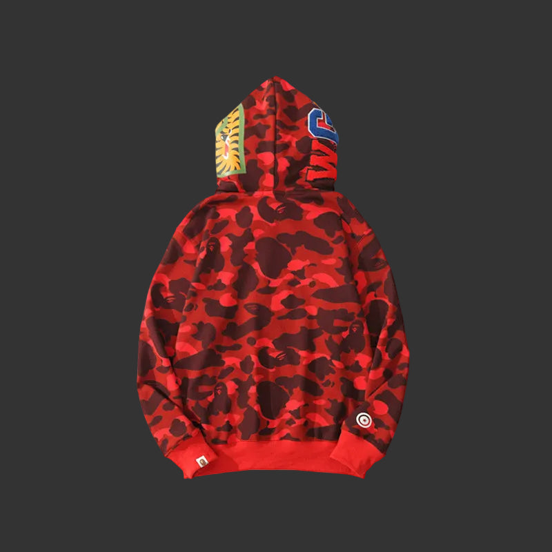 Color Camo Shark Full Zip Hoodie Red DOUBLE HOODED