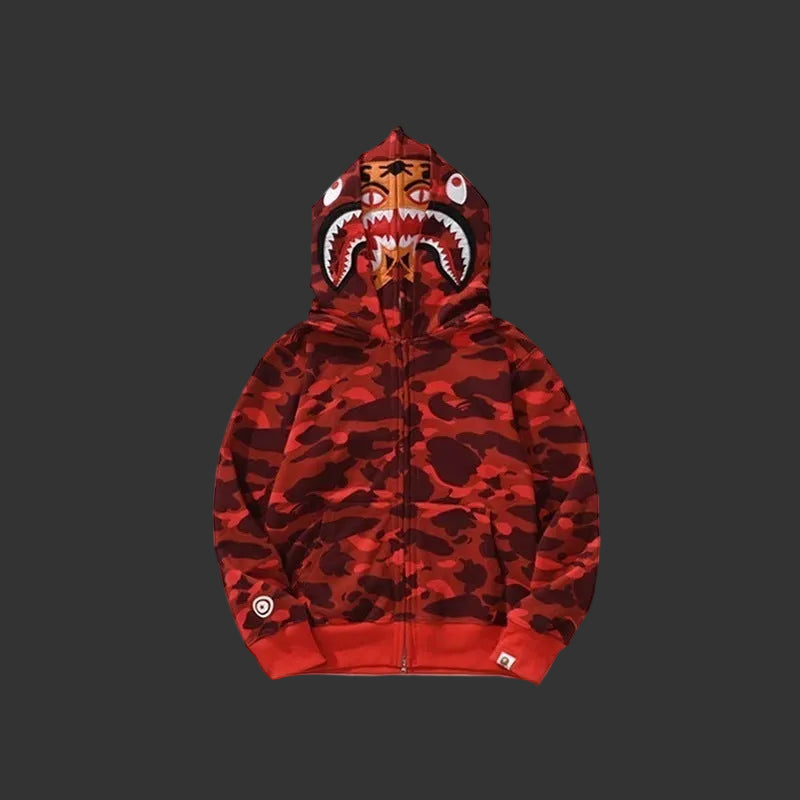 Color Camo Shark Full Zip Hoodie Red DOUBLE HOODED