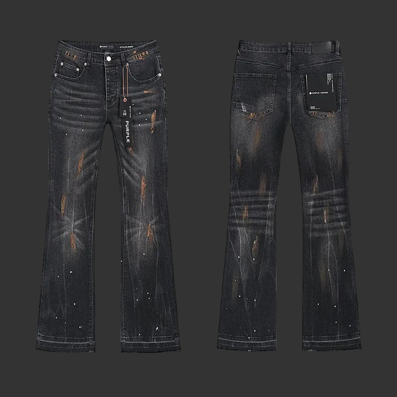 Purple Black Starburst Laser with Orange-Brown Accents + Splatter Flared Jeans