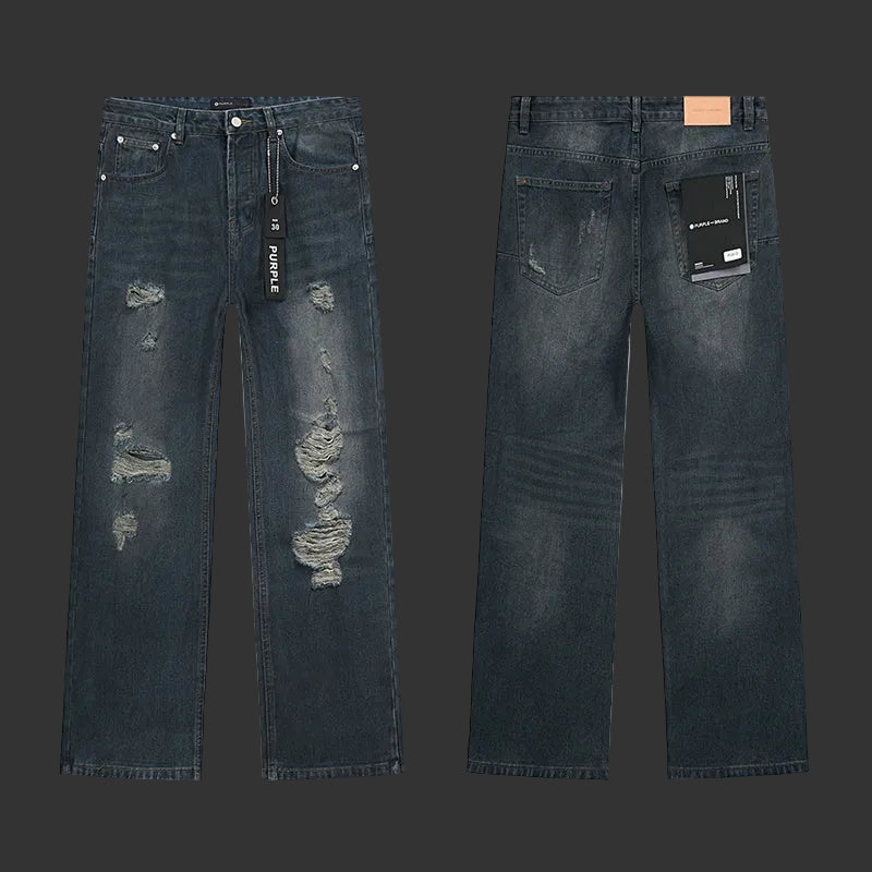Purple Dark Indigo with large knee blowouts Jeans